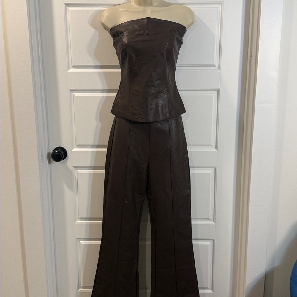 RNWY chocolate brown faux leather corset top and matching flare pants XS